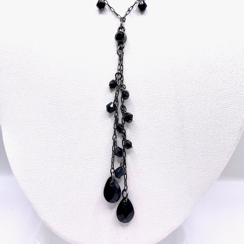 EUC 2028 Black Onyx Beaded Vintage Goth Y2K Y Drop Necklace Teardrop Stones - Picture 2 of 4